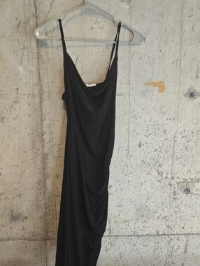 Black Cowl-Neck Midi Slip Dress with Spaghetti Straps